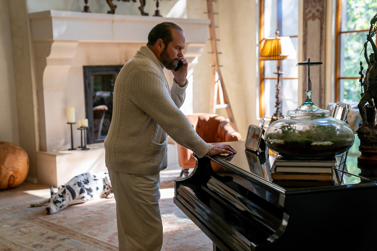 Man in an elegant living room stands by a piano talking on the phone; a large window lets in sunlight, a dog lies by the fireplace, and books and a terrarium sit on the piano.
