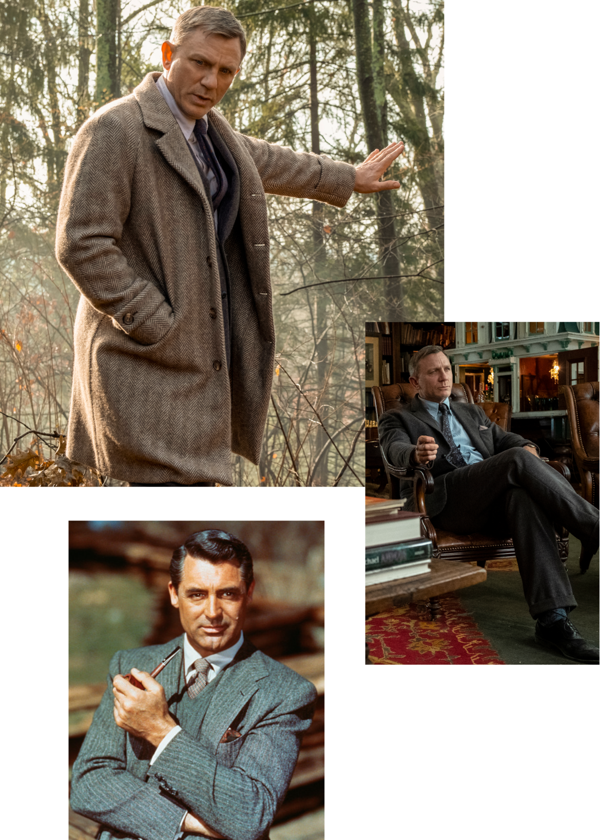 Three pictures of well-dressed men in suits and overcoats, in various settings: outdoors in a forest, in a cozy library, and in a classic setting. The mood is sophisticated and contemplative, with a vintage and modern detective vibe.