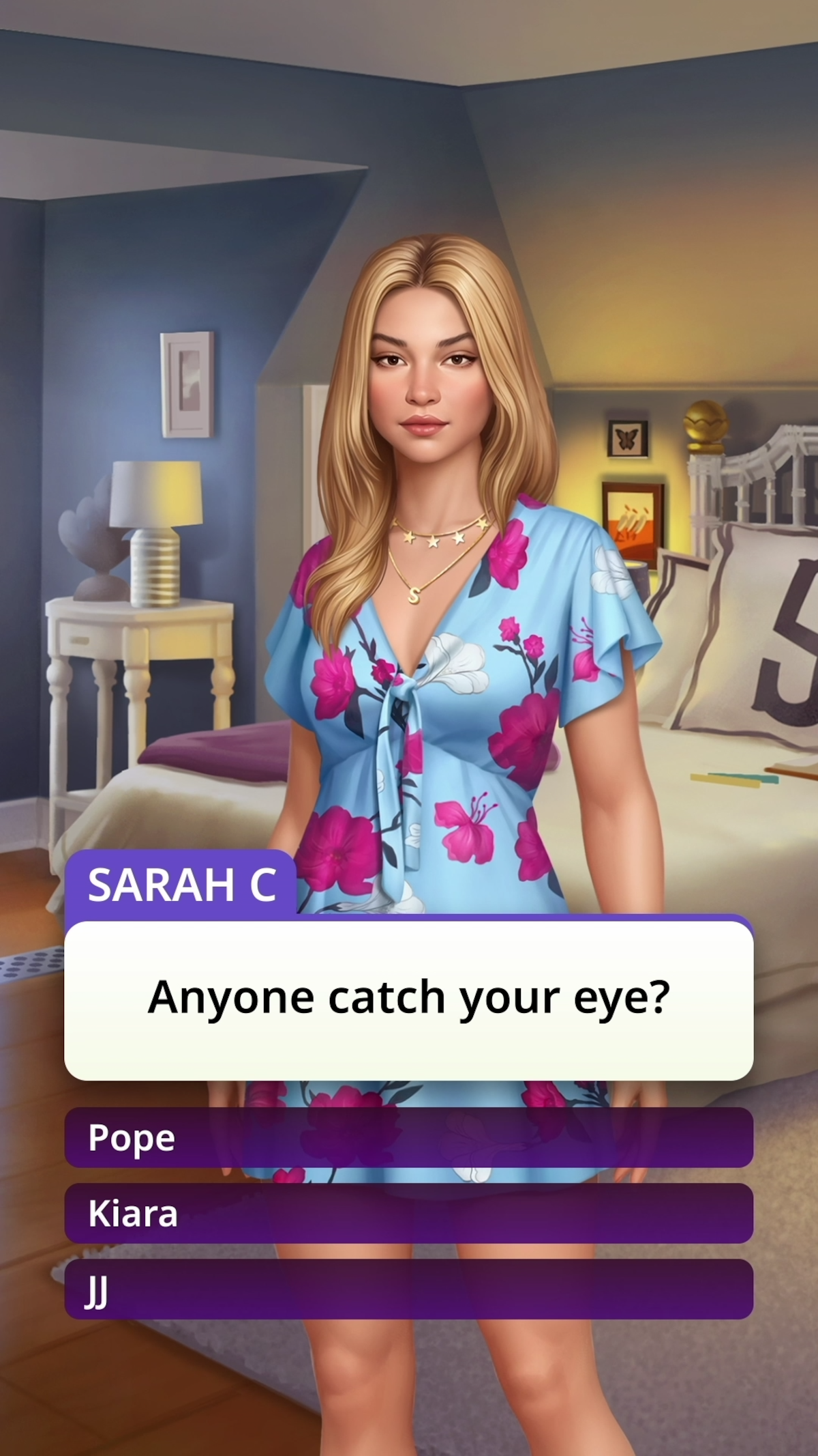 An in-game screenshot from the mobile game ‘Netflix Stories: Outer Banks,’ featuring a game character called Sarah with the following text written below: “Anyone catch your eye?” with three options underneath with different names