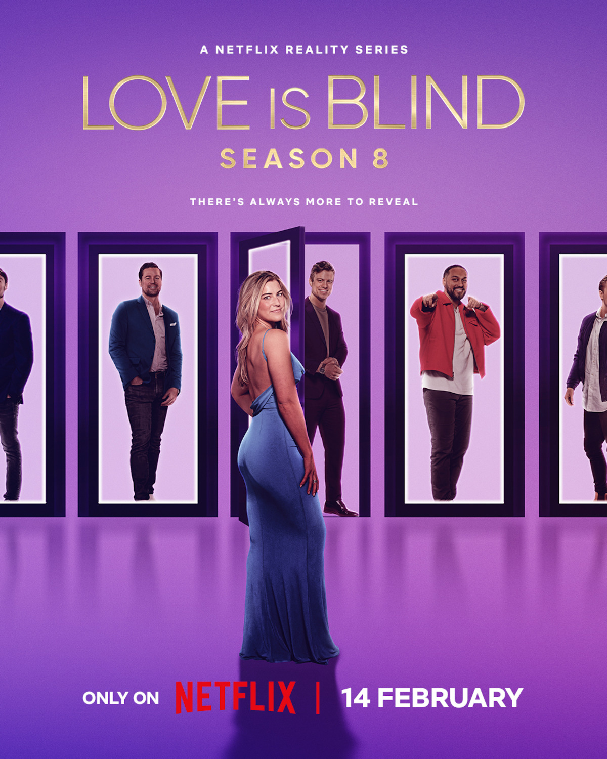 Promotional poster for reality series "Love is Blind" Season 8, featuring a woman in a blue dress standing in front of doors revealing potential cast members, premiering February 14