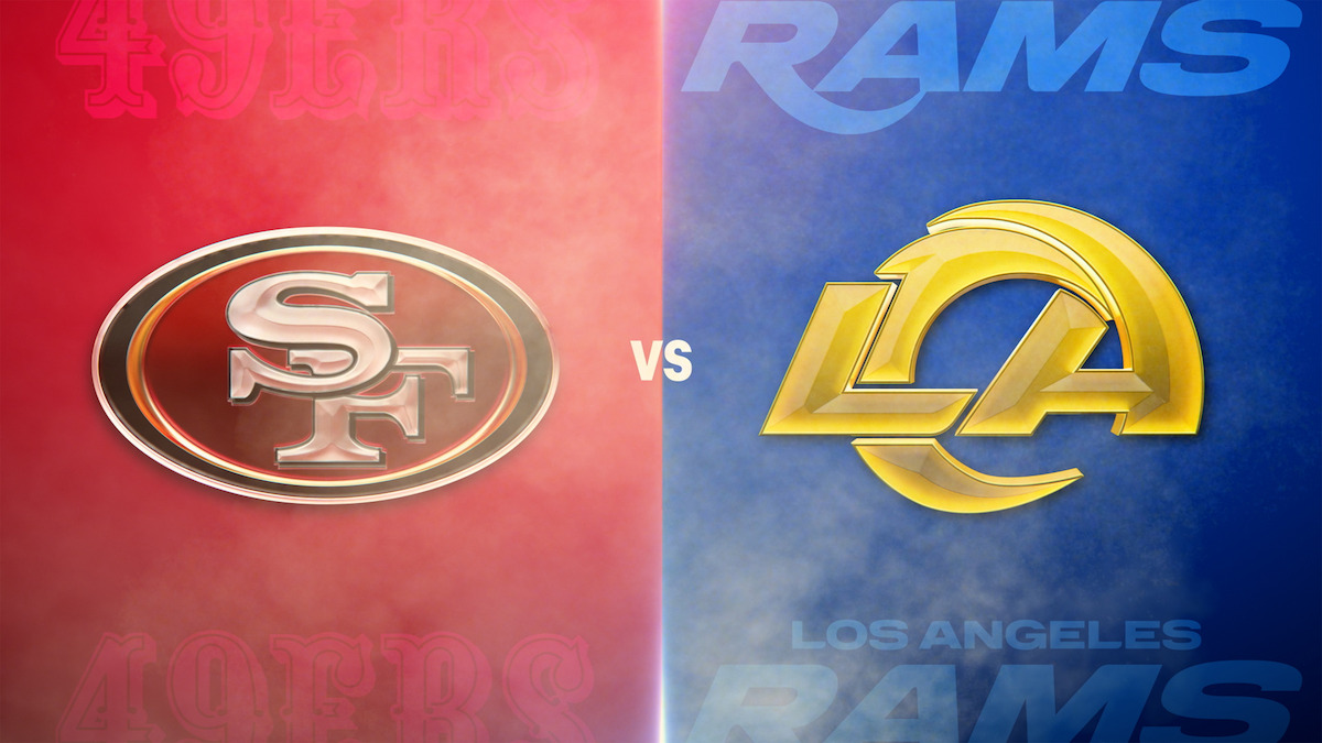 San Francisco 49ers vs Los Angeles Rams logos on a split red and blue smoky background, with team names faintly visible, representing an NFL football matchup.