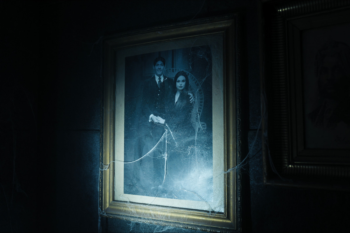 Black and white photograph of the Addams Family in ‘Wednesday’ Season 1.