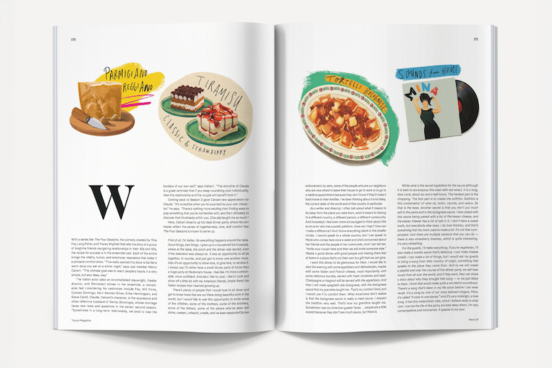 Magazine spread featuring illustrated images of parmesan cheese, tiramisu, pasta, and a vinyl record, accompanied by text. The layout is clean with a white background and colorful food artwork above columns of text.