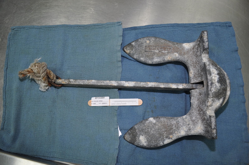 This anchor was found tied with rope to Pat’s body in four to six feet of water near Egmont Key.