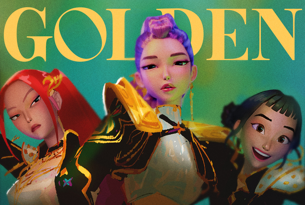 Three stylish animated women in gold-accented armor stand together, each with unique colorful hairstyles, against a green background with the large yellow word “GOLDEN” above them.