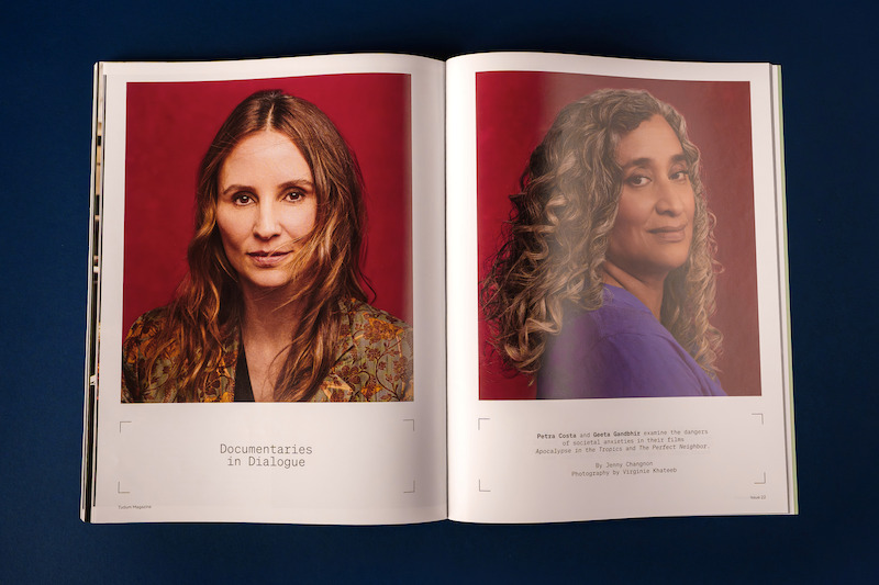 Spread from Tudum Magazine - Apocalypse in the Tropics and The Perfect Neighbor Directors Feature