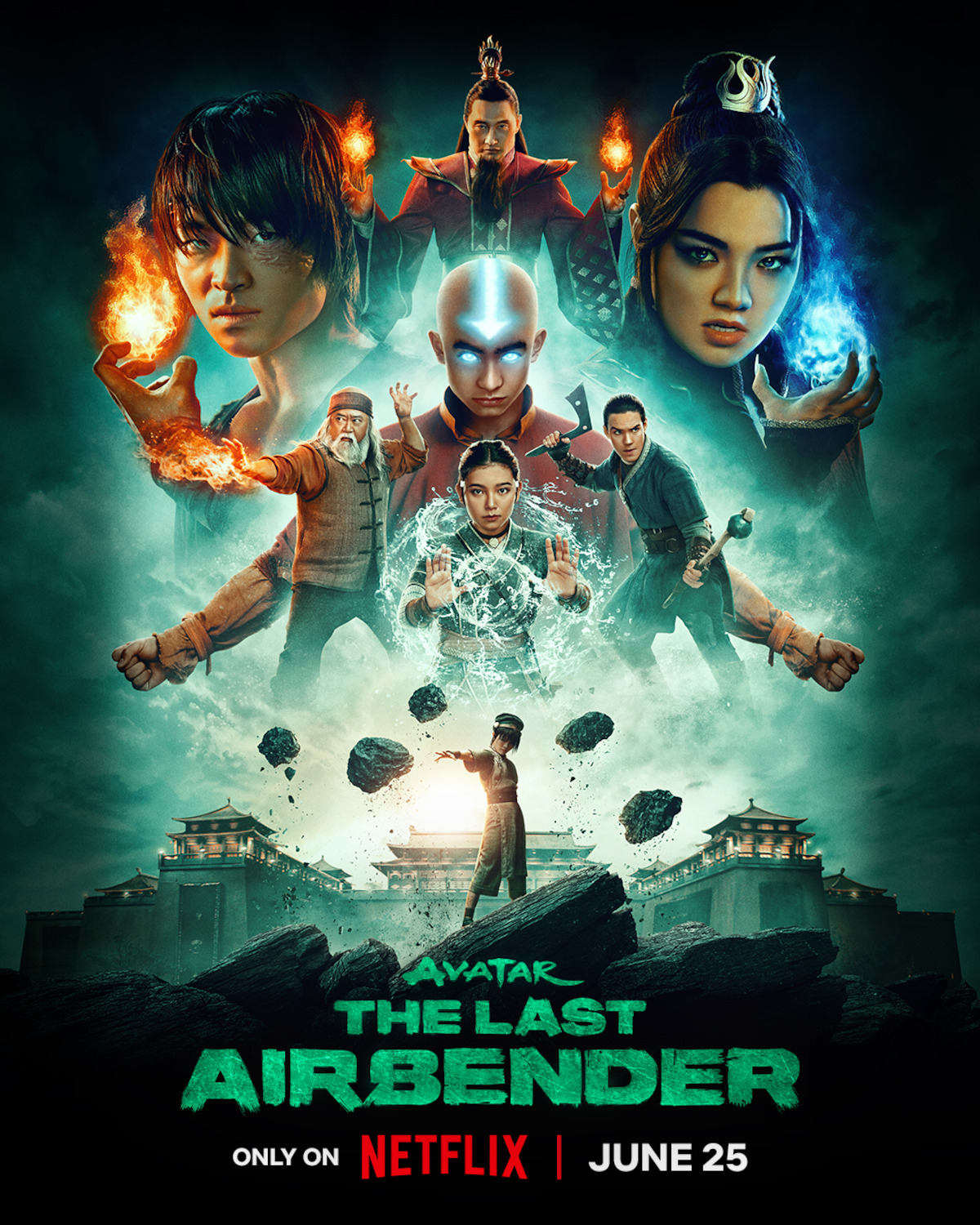 A group of characters with elemental powers in dramatic poses, surrounded by swirling energy and mystical effects, set against a foggy, mystical background, evoking an epic fantasy adventure atmosphere.