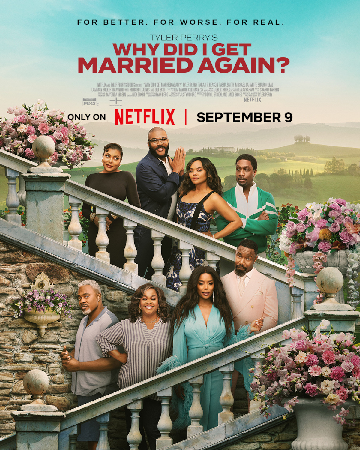Group of six stylishly dressed people posing on an elegant stone staircase with flower decorations, in a scenic countryside setting, promoting Tyler Perry's "Why Did I Get Married Again?", premiering on Netflix September 9.
