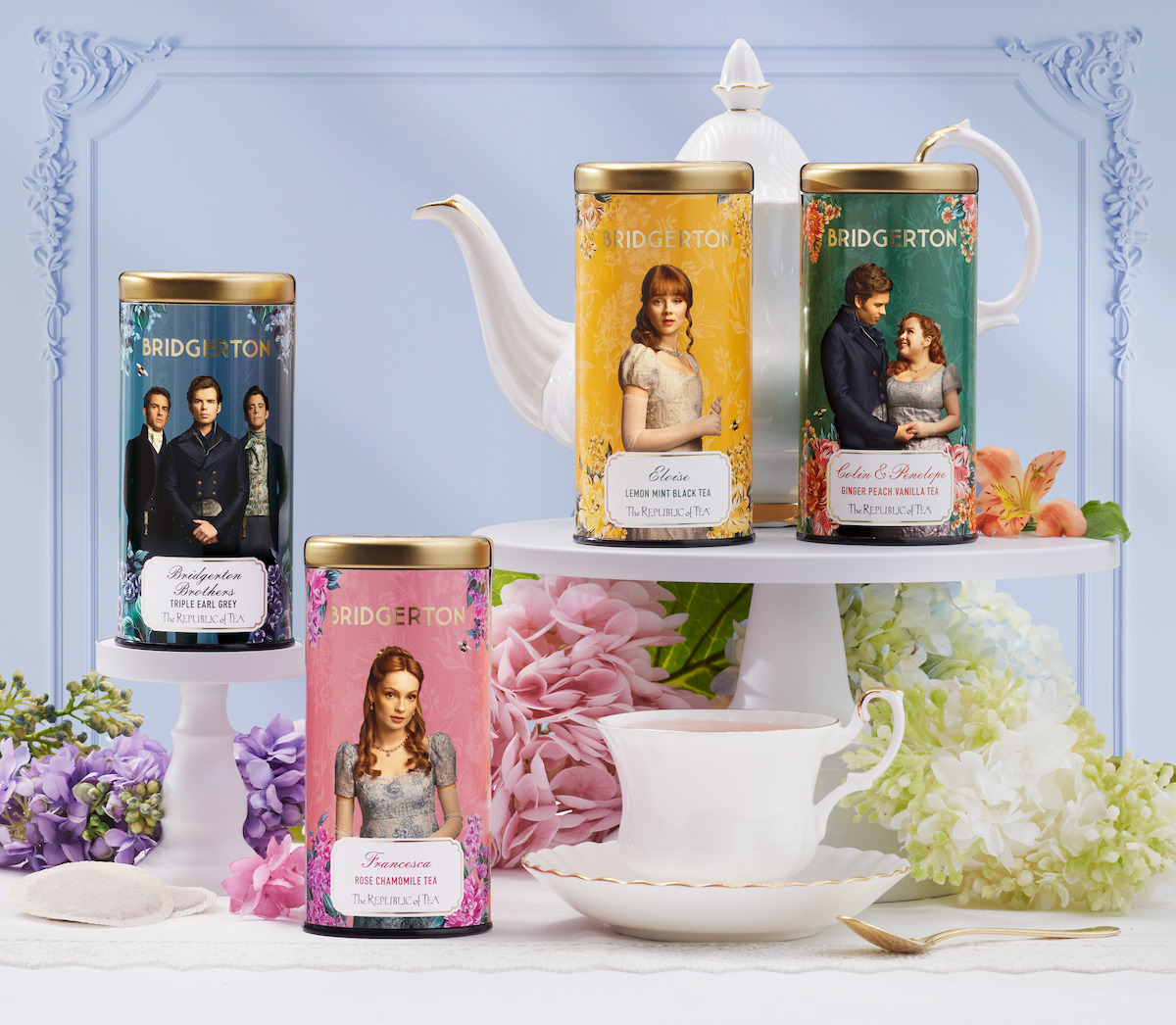 A tabled decorated with flowers featuring teas from the ‘Bridgerton’ collaboration with Republic of Tea