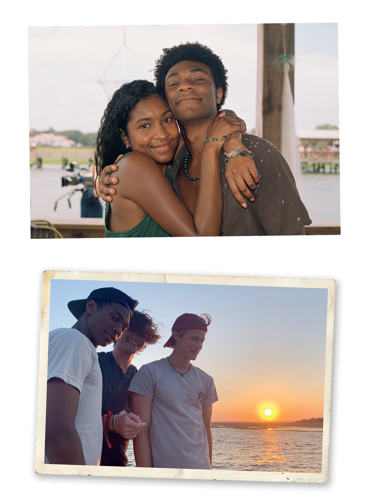 Two friends hugging on a dock by the water, with boats and buildings in the background; below, a group of four friends stands together at the beach, smiling during a vibrant sunset over the ocean.