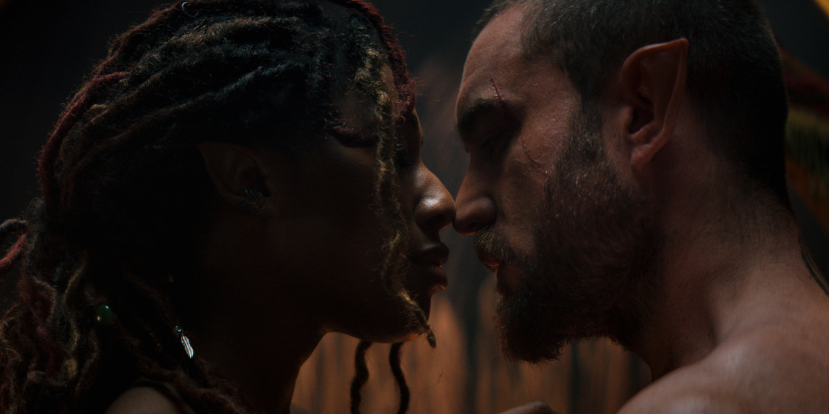 Two people about to kiss.