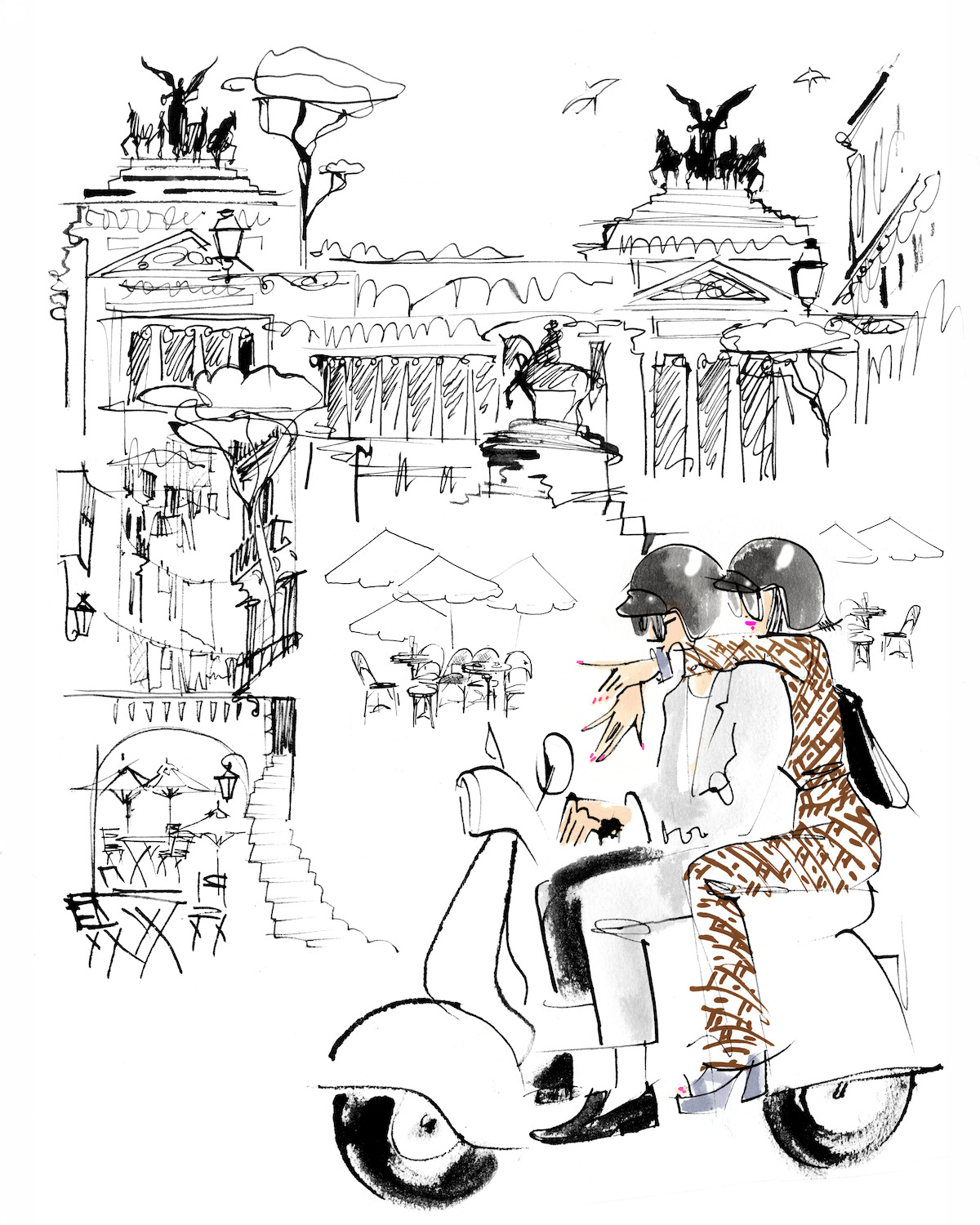 Emily Cooper on the back of a Vespa in a stunning brown-and-white print Diane von Furstenberg jumpsuit.