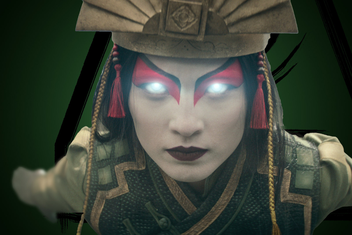 Yvonne Chapman as Avatar Kyoshi leans forward with her eyes glowing white in season 1 of ‘Avatar: The Last Airbender’