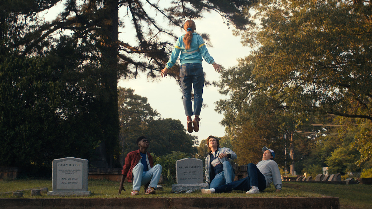 STRANGER THINGS. (L to R) Caleb McLaughlin as Lucas Sinclair, Sadie Sink as Max Mayfield, Joe Keery as Steve Harrington, Gaten Matarazzo as Dustin Henderson in STRANGER THINGS. Cr. Courtesy of Netflix © 2022