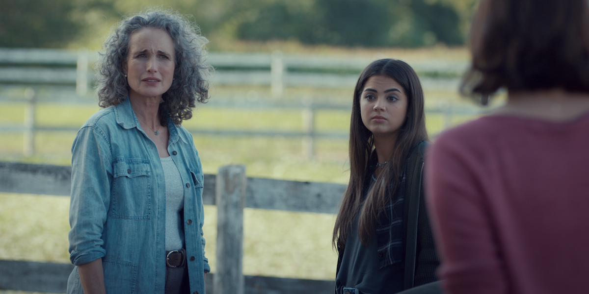 Andie MacDowell as Del, Sadie Laflamme-Snow as Alice, and Chyler Leigh as Kat on the farm in a production still from ‘The Way Home.’