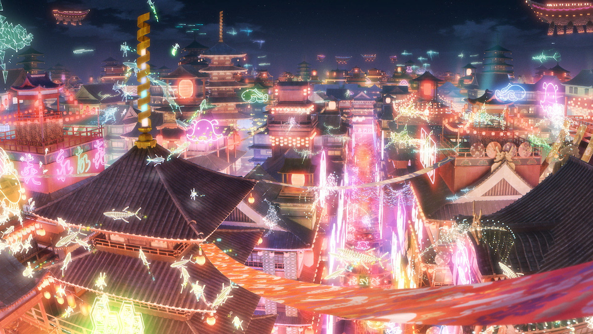 Cosmic Princess Kaguya! shot of a lit up colorful neighborhood
