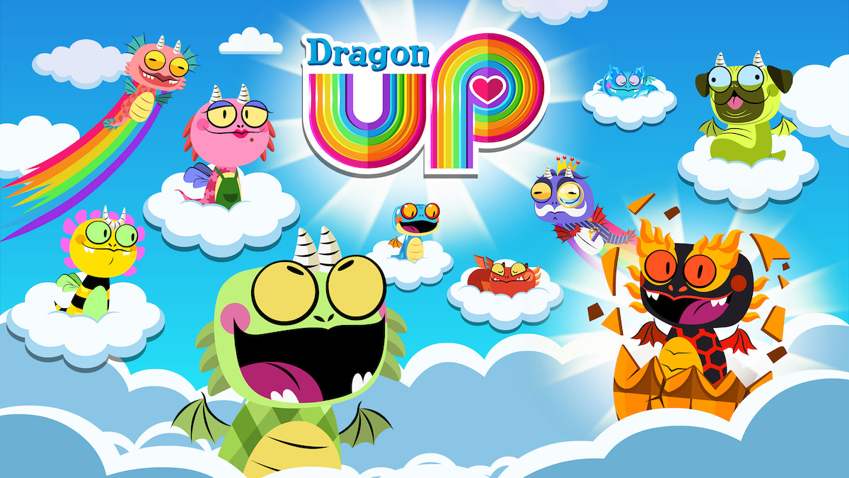 key art for Dragon Up - A variety of Dragons from the game floating on clouds, looking happy.