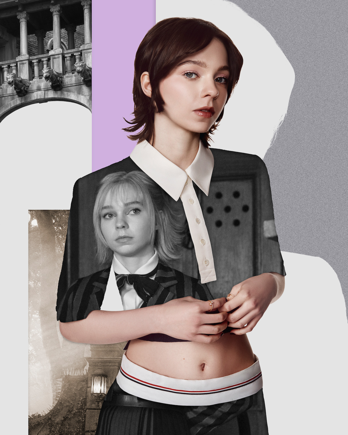 Photo collage featuring Emma Myers and her character, Enid Sinclair, from ‘Wednesday’ Season 2.