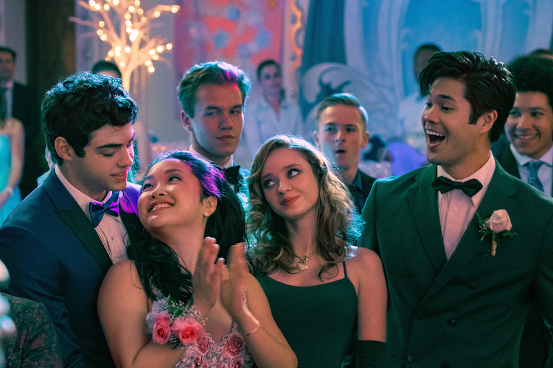 Noah Centineo as Peter Kavinsky, Lana Condor as Lara Jean Covey, Madeleine Arthur as Christine, and Ross Butler as Trevor at prom.