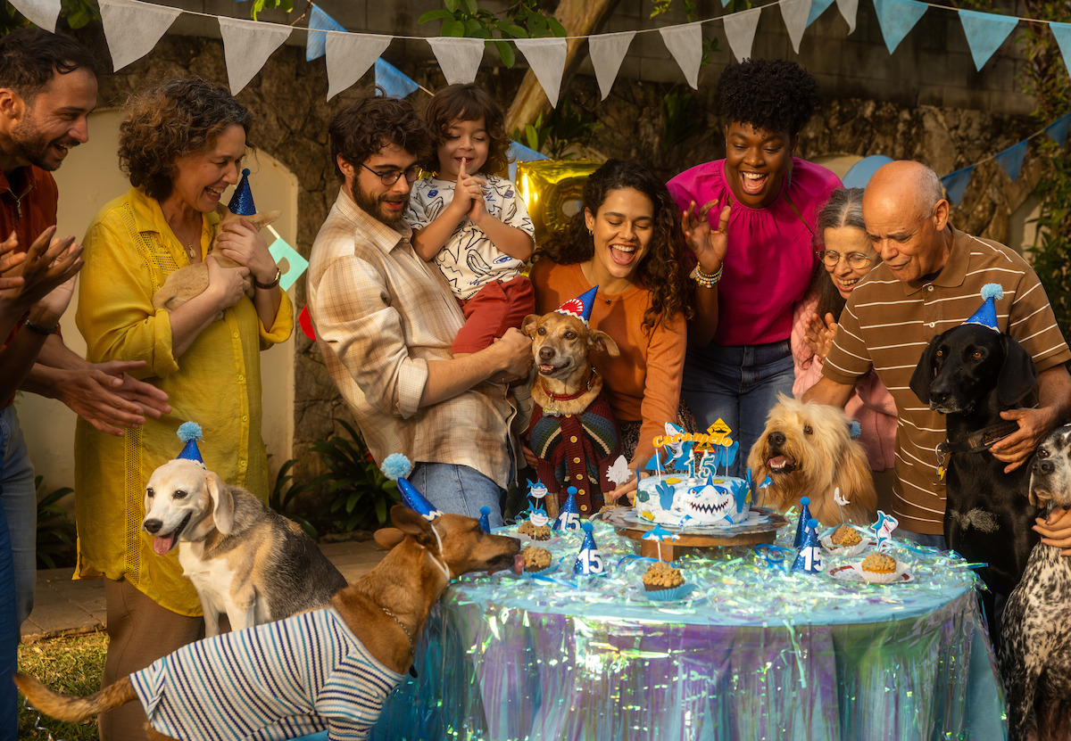Cena do filme ‘Caramelo’ mostra uma festa de aniversário com pessoas e cães em volta da mesa