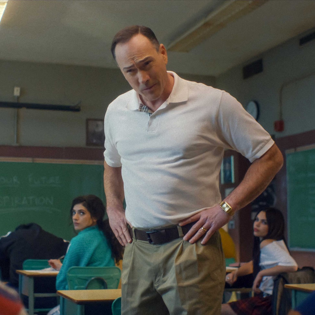 Ella Rubin as Melissa, Chris Klein as Dan Falconer, Ariana Greenblatt as Christy Renault and Ryan Rosery as Chad in ‘Fear Street: Prom Queen.’