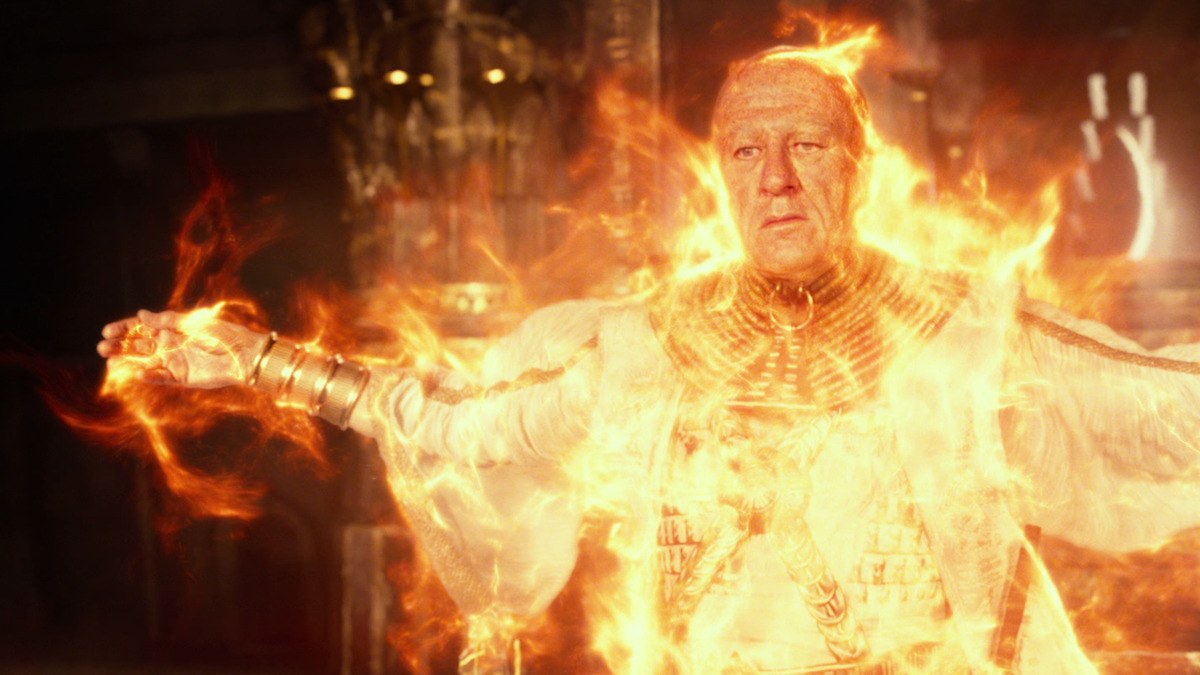 Geoffrey Rush as Ra bursts into flame in a production still from ‘Gods of Egypt.’