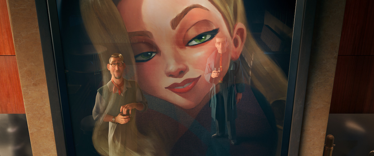 Two animated men stand in front of a large portrait of a blonde woman with green eyes, inside a modern, warmly lit room with wood paneling and elegant decor.