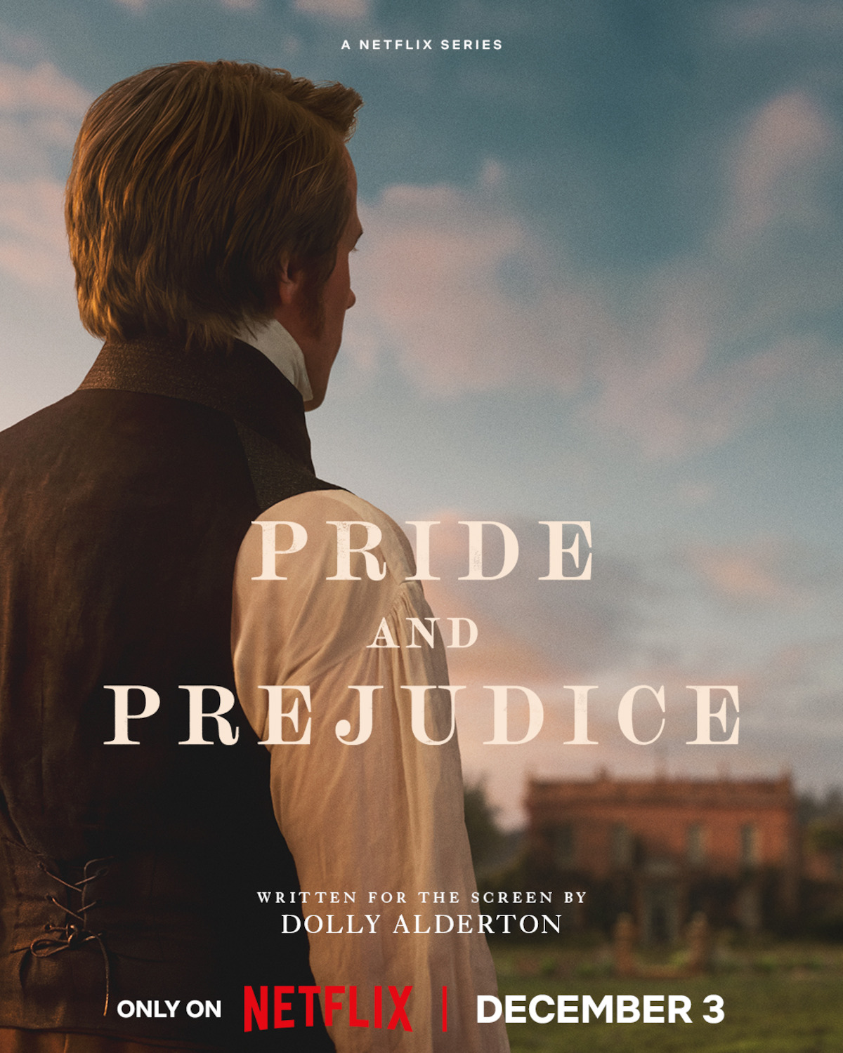 Poster key art featuring a man wearing a white shirt and black vest looking out over an estate in a field.
