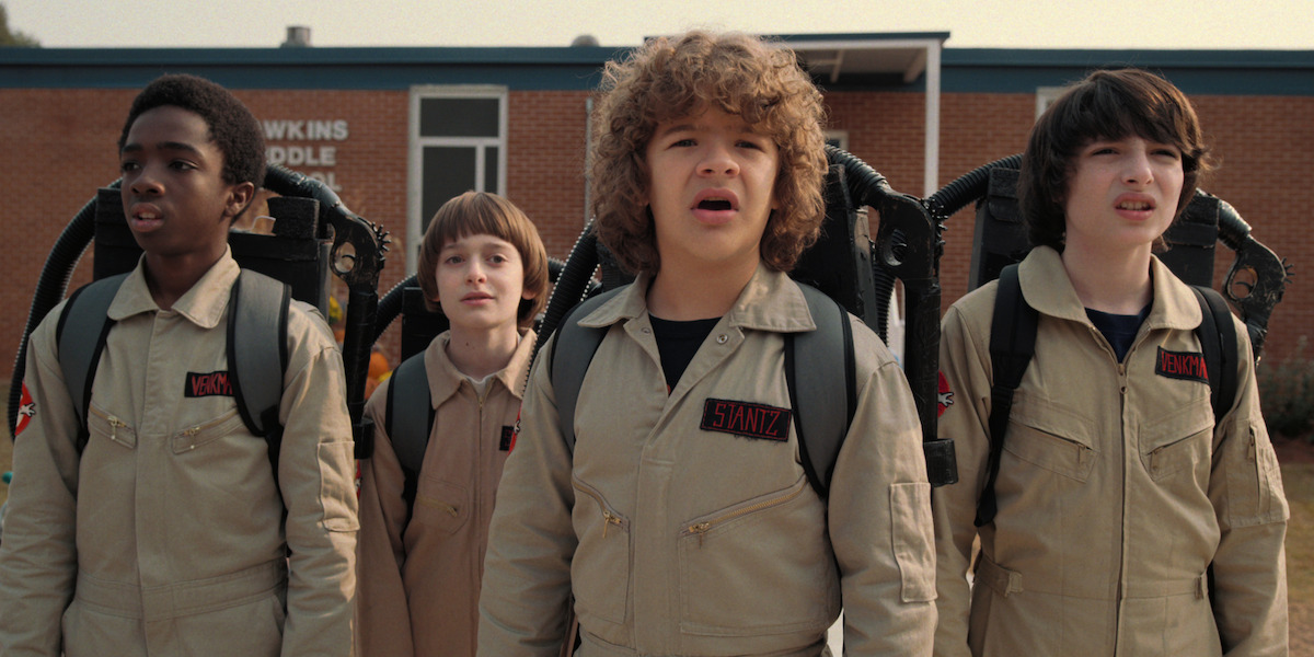 Four friends dressed up as the Ghostbusters 