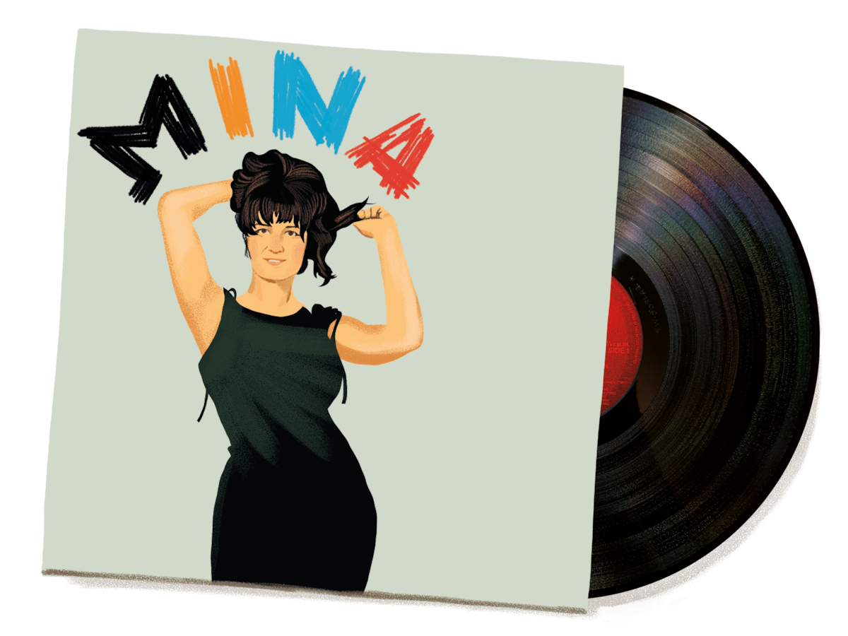 Illustration of a vinyl record partially sliding out of its sleeve, which features a woman in a black dress styling her hair beneath colorful hand-drawn lettering spelling “Mina.”