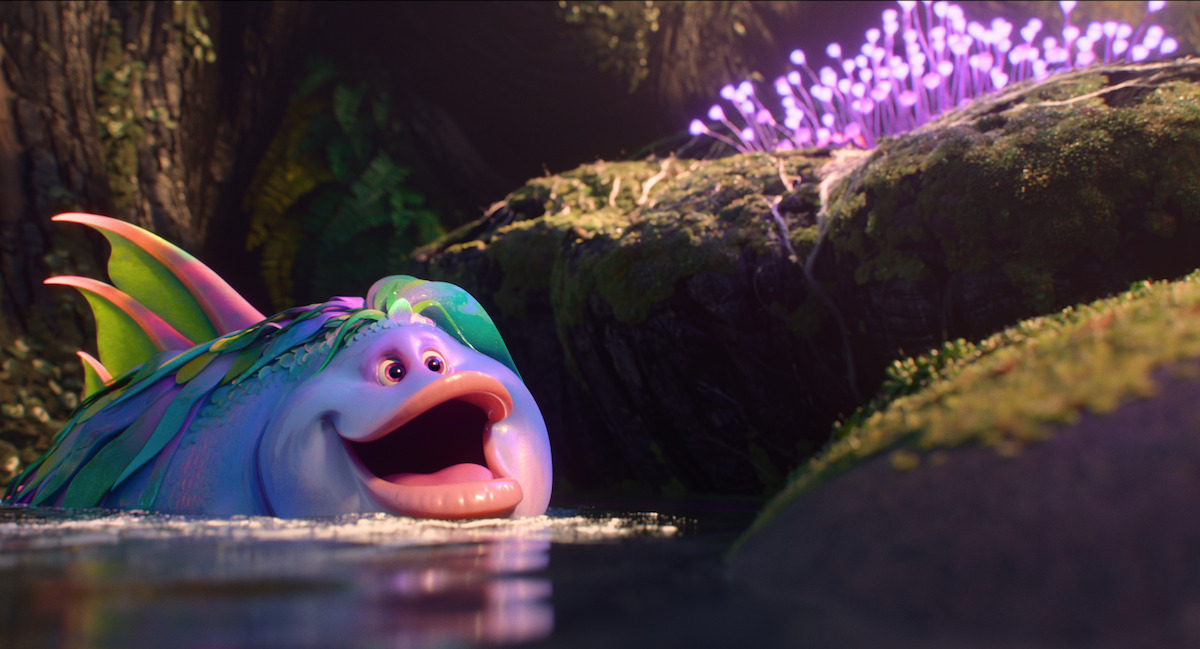 Animated colorful fish with a happy expression surfaces in a forest stream, surrounded by mossy rocks and glowing purple plants in a magical, vibrant nighttime setting.