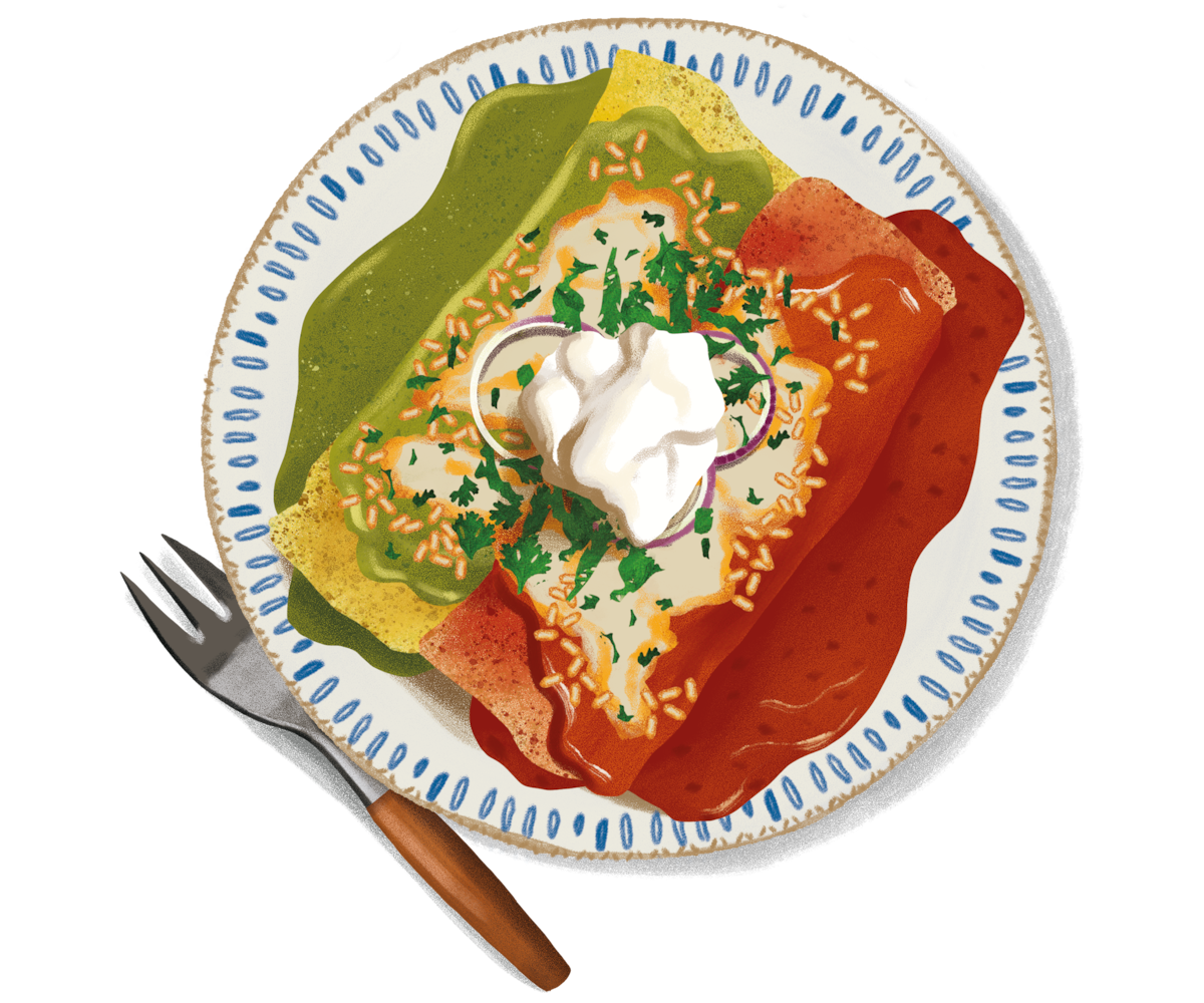 Three enchiladas topped with green and red sauce, melted cheese, onions, cilantro, and sour cream, served on a decorative plate with a fork on the side.