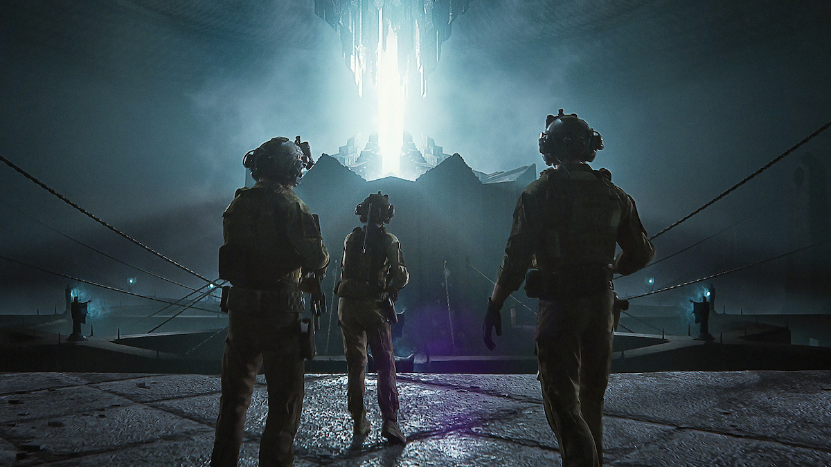 Three soldiers approach a building with glowing light in “In Vaulted Halls Entombed” from ‘Love, Death, + Robots’ Volume 3