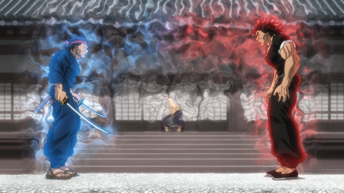 Two men face off in front of a traditional Japanese building, one with blue aura and swords, the other with red aura and wild hair. A seated figure watches on the steps behind them as they prepare to battle.