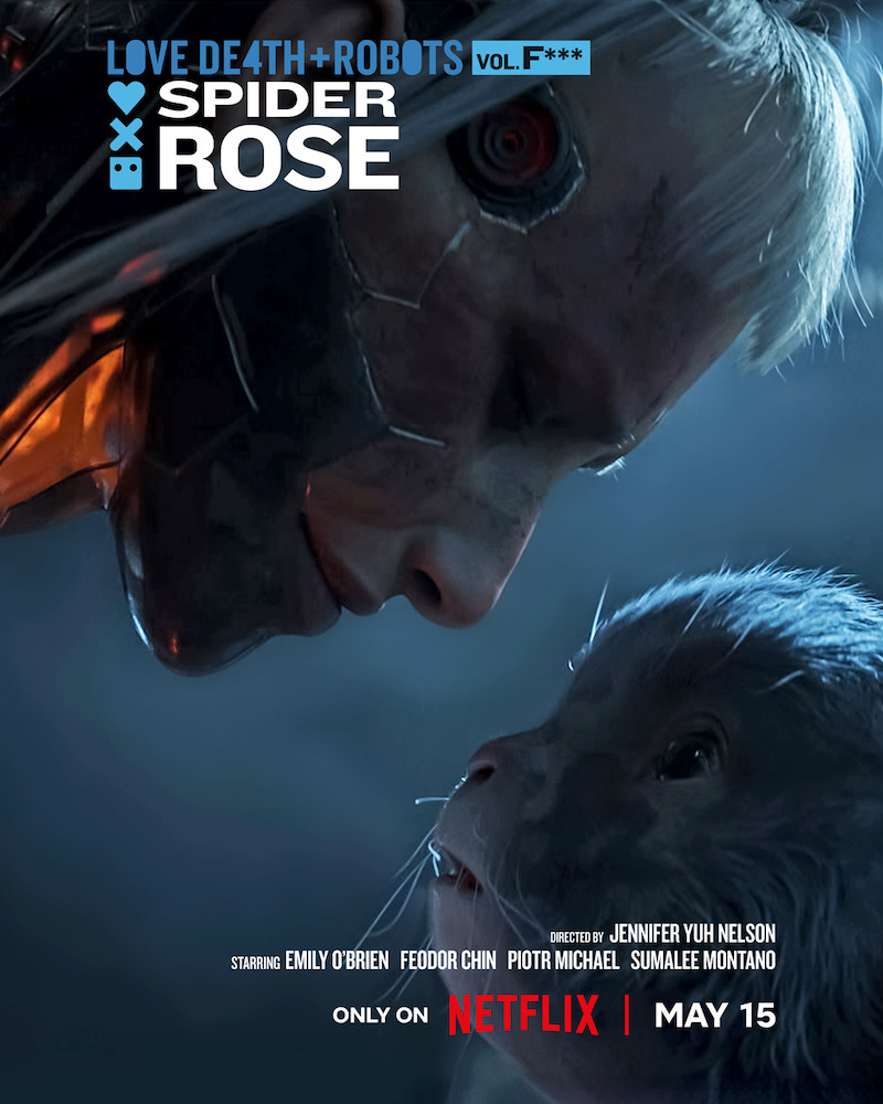 Key art for the episode "Spider Rose" in 'Love, Death + Robots' Volume 4 featuring a robot looking at a small creature.