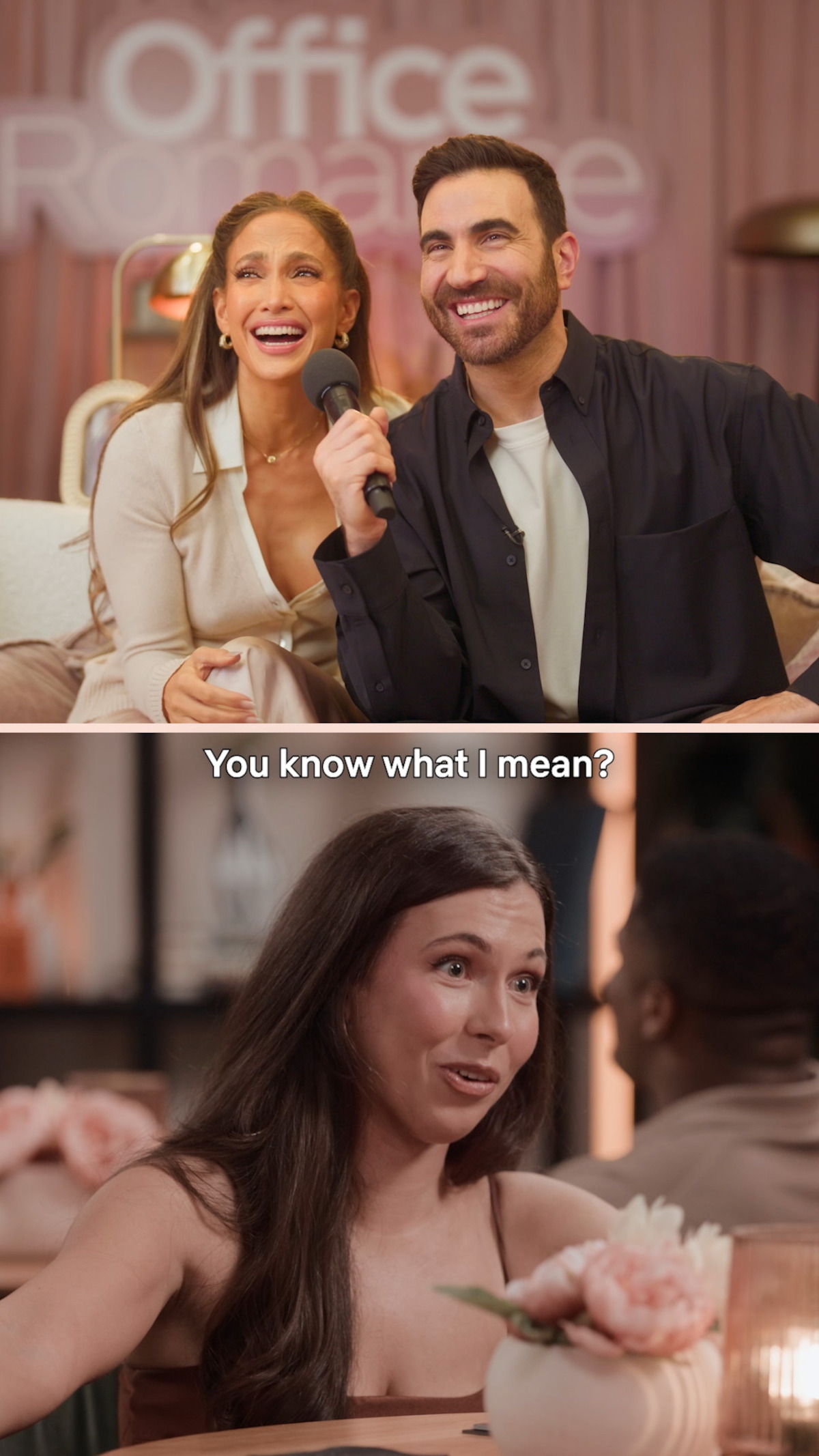 Two people laughing on a talk show set with an "Office Romance" sign behind them; below, a woman at a table in a warmly lit room gestures while talking, subtitle reads "You know what I mean?"
