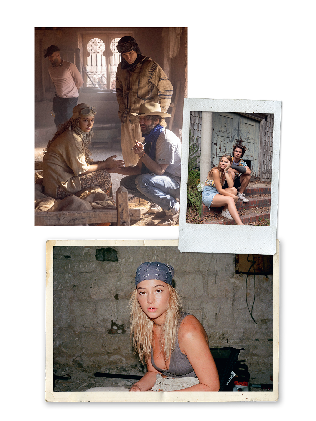 Collage of young adults in casual, outdoor and rustic settings: group discussing in a sunlit old building, a pair sitting on steps outside, and a woman in a bandana indoors against a worn stone wall, evoking adventure and camaraderie.