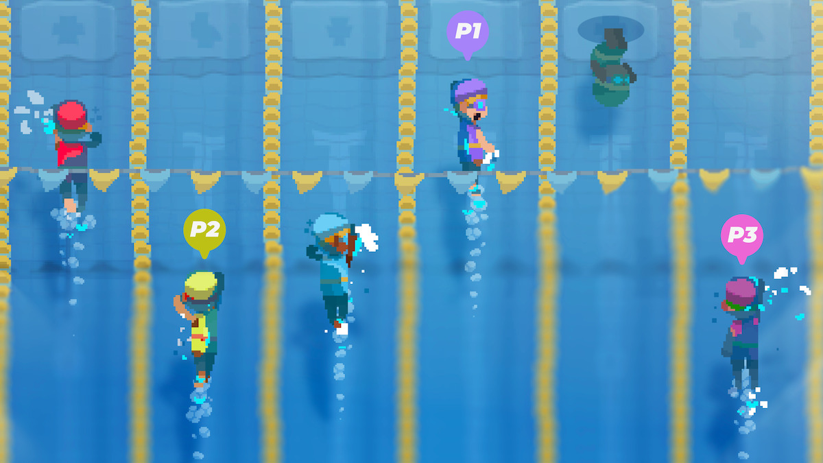 An in-game bird’s-eye view of a swimming pool with multiple lanes, showing four players competing against each other to race to the finish line
