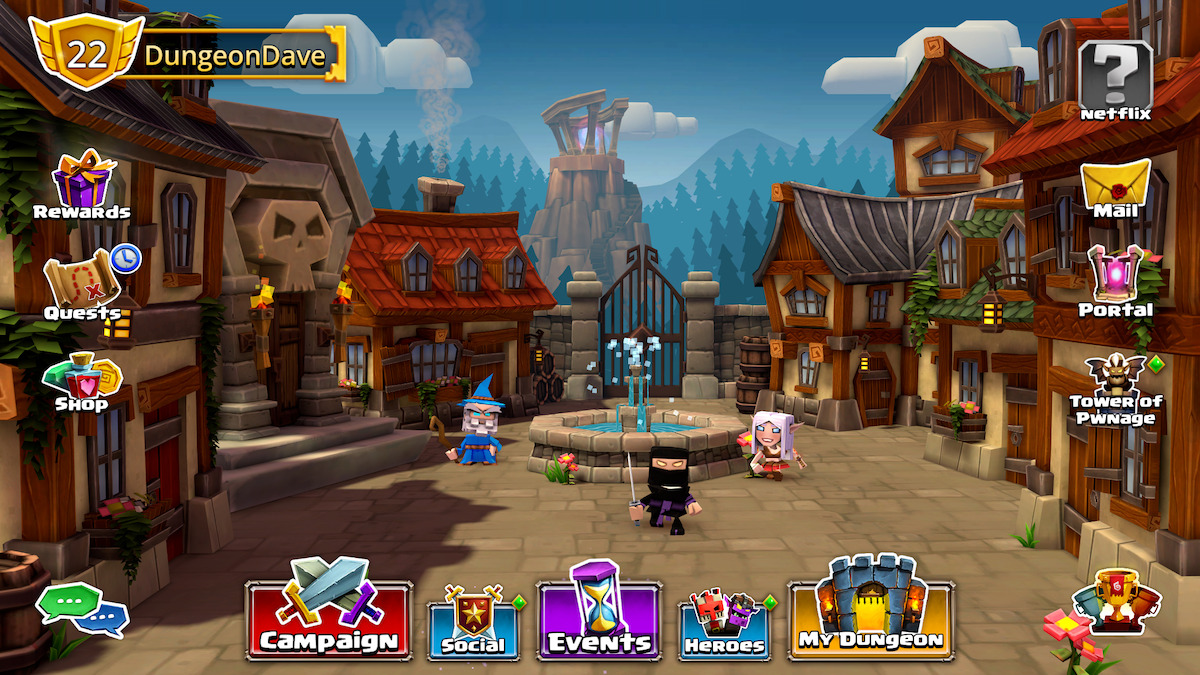 In-game screenshot from the mobile game “Dungeon Boss: Respawned” showing three game characters in the game’s start menu.