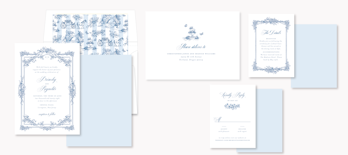 A wedding invitation suite with blue and white details from the ‘Bridgerton’ collaboration with The Knot
