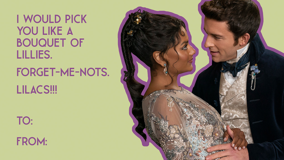 A couple in formal period clothing embrace and gaze at each other, set against a light green background with a romantic message and “To:” and “From:” fields on the left, stylized for a valentine card.