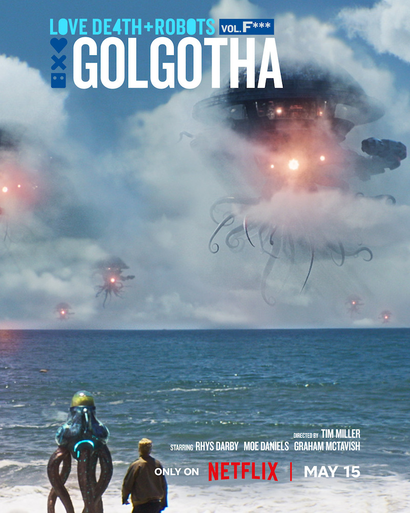Key art for the episode "Golgatha" in 'Love, Death + Robots' Volume 4 featuring an alien ship moving through clouds.