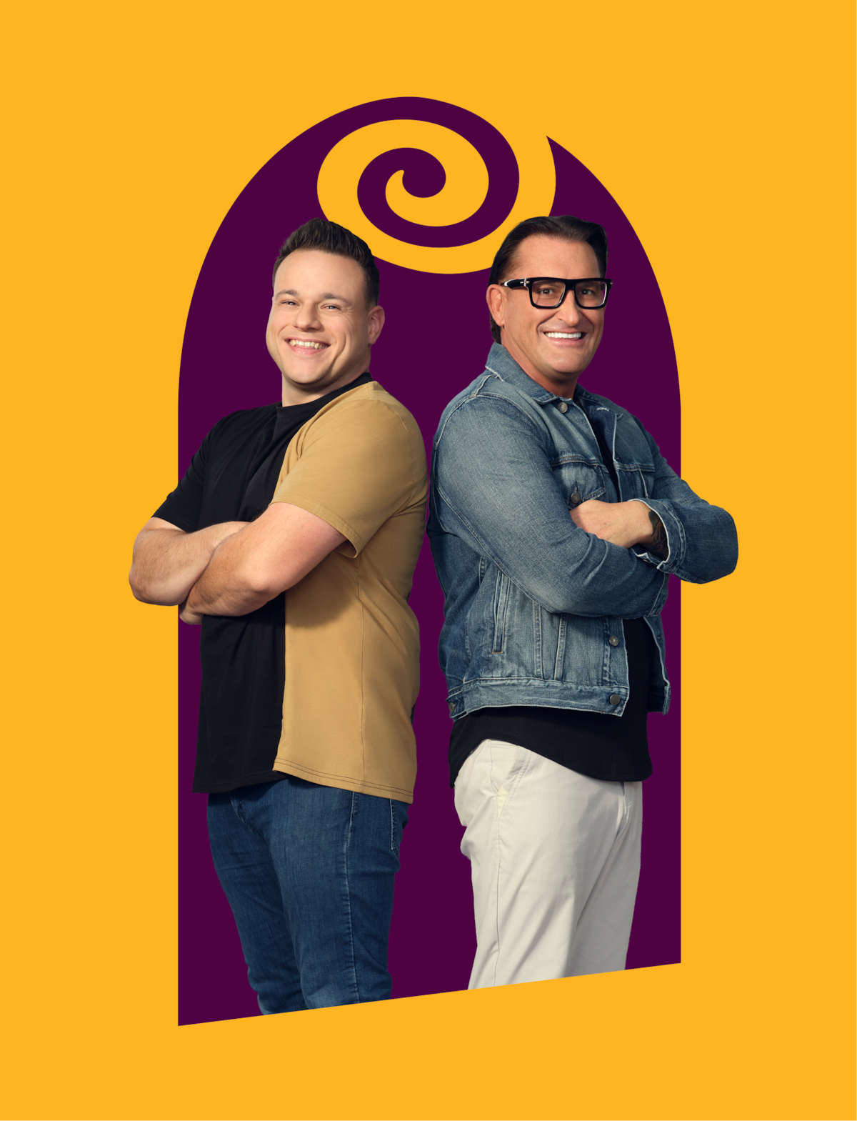 Two men standing back-to-back with arms crossed, smiling. One wears a black and tan shirt, the other a jean jacket and glasses. They are framed by a purple arch with a yellow swirl, on a solid yellow background.