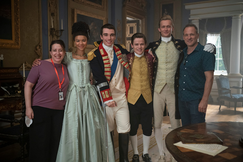 Author Julia Quinn, Arsema Thomas as Young Agatha Danbury, Corey Mylchreest as Young King George, Sam Clemmett as Young Brimsley, Freddie Dennis as Reynolds, Executive Producer/Director Tom Verica