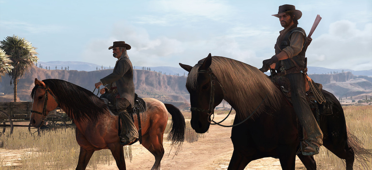 Two men on horse back, one with a rifle, in the game Red Dead Redemption.