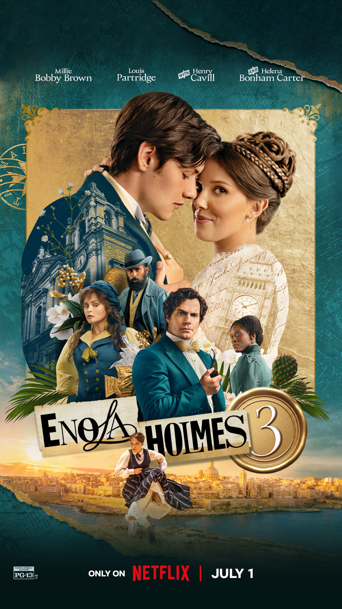 Movie poster for Enola Holmes 3 featuring main characters in period costumes, a historic building, and scenery, with film title and release date, promoting a Netflix release on July 1.