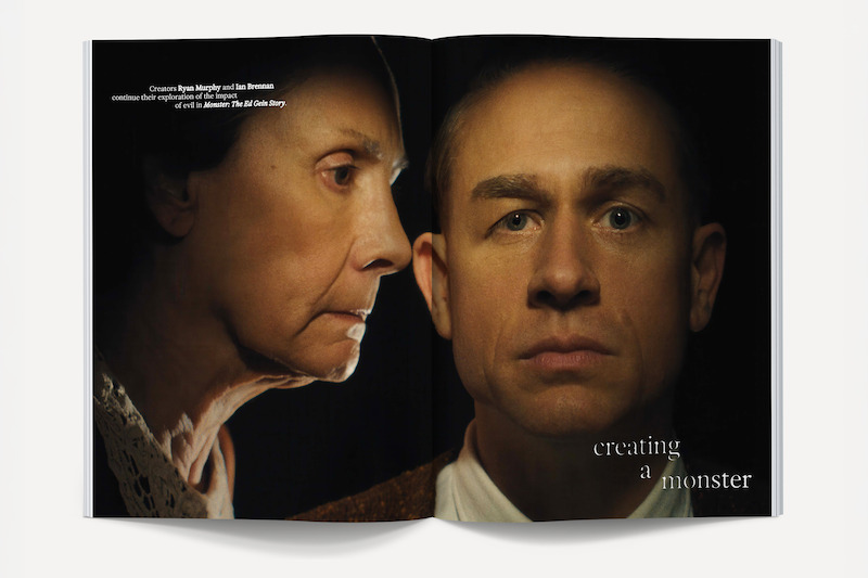 Two people in dramatic lighting face different directions against a dark background, one in profile and one facing forward, with the text "creating a monster" and magazine design elements visible.
