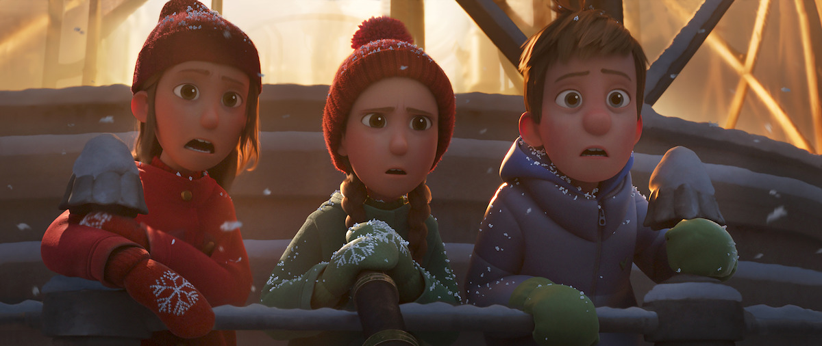 Three young animated characters in winter gear.