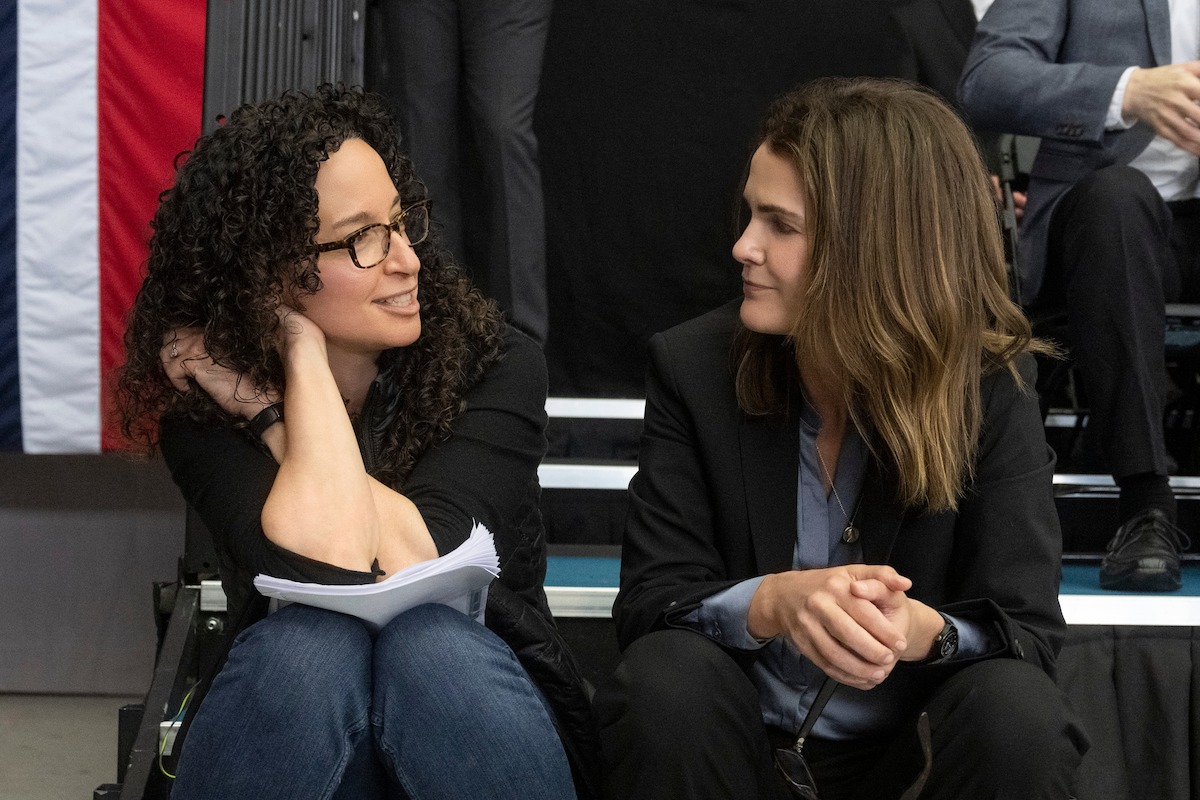 Showrunner Debora Cahn and Keri Russell as Kate Wyler on set of The Diplomat Season 1.