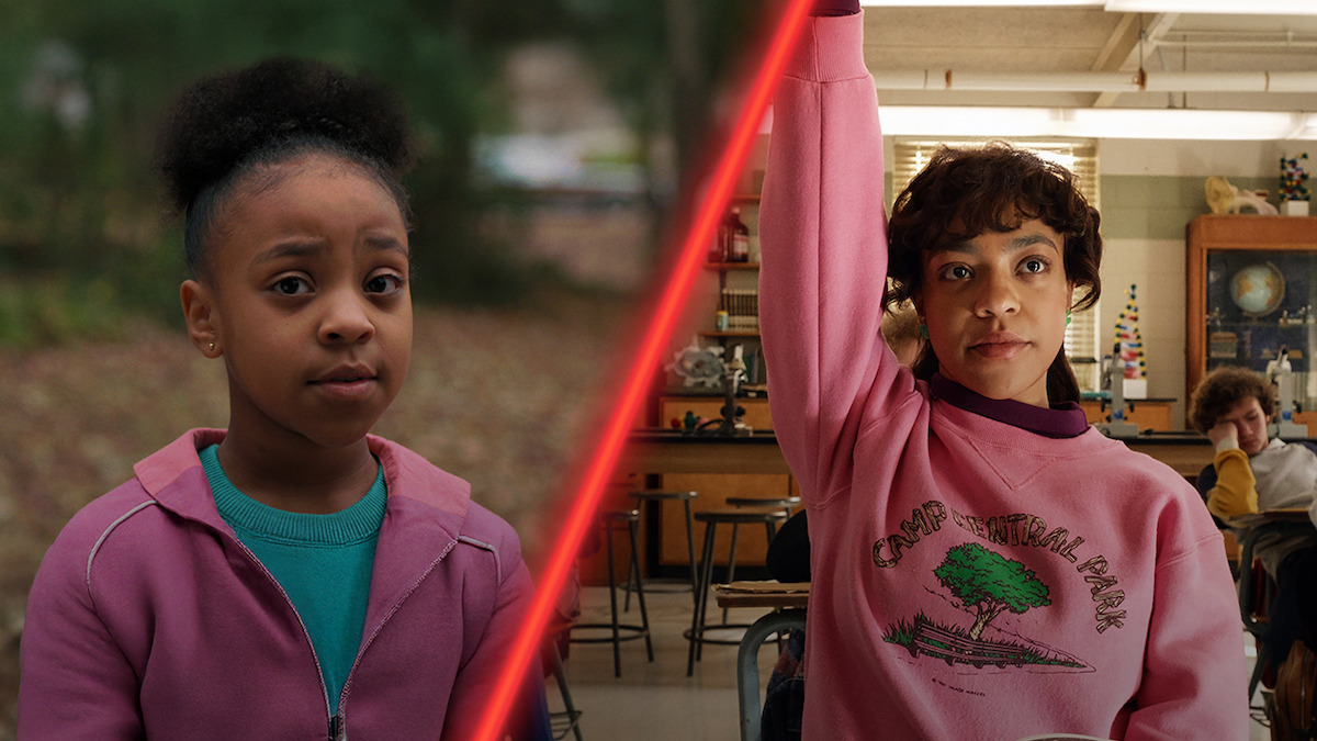 Diptych of Priah Ferguson as Erica Sinclair in ‘Stranger Things’ Season 1 and Season 5.